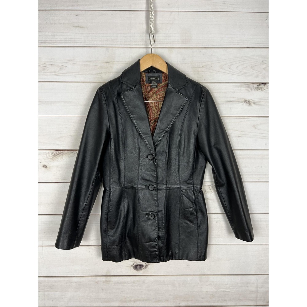 George Leather Jacket Womens S Black Button Front Blazer Mid Length Lined Y2K